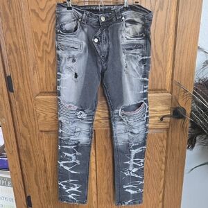 Gray Distressed Skinny Jeans with Moto Panels